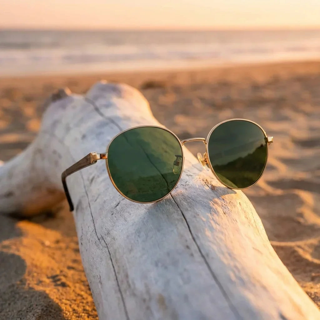Harry Gold round sunglasses, stainless steel, bio-acetate and natural wood · ReFramed, photo 24 of 24