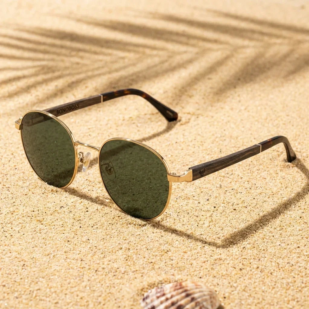 Harry Gold round sunglasses, stainless steel, bio-acetate and natural wood · ReFramed, photo 17 of 24