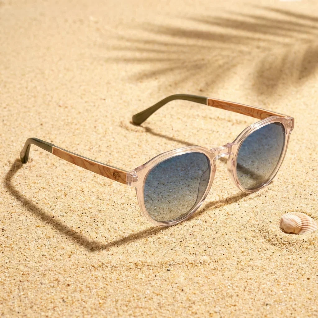 Galápagos geometric polarized sunglasses in bio-acetate and natural wood · ReFramed, photo 28 of 30