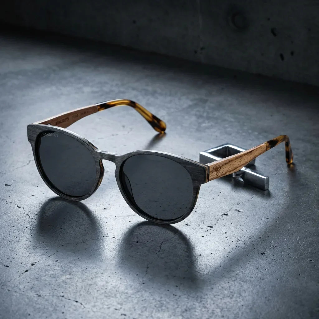 Chiloé 110 Wood round polarized sunglasses in bio-acetate and natural wood · ReFramed, photo 26 of 30