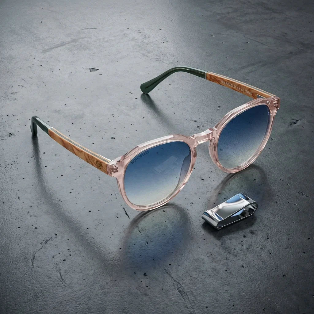 Galápagos geometric polarized sunglasses in bio-acetate and natural wood · ReFramed, photo 27 of 30