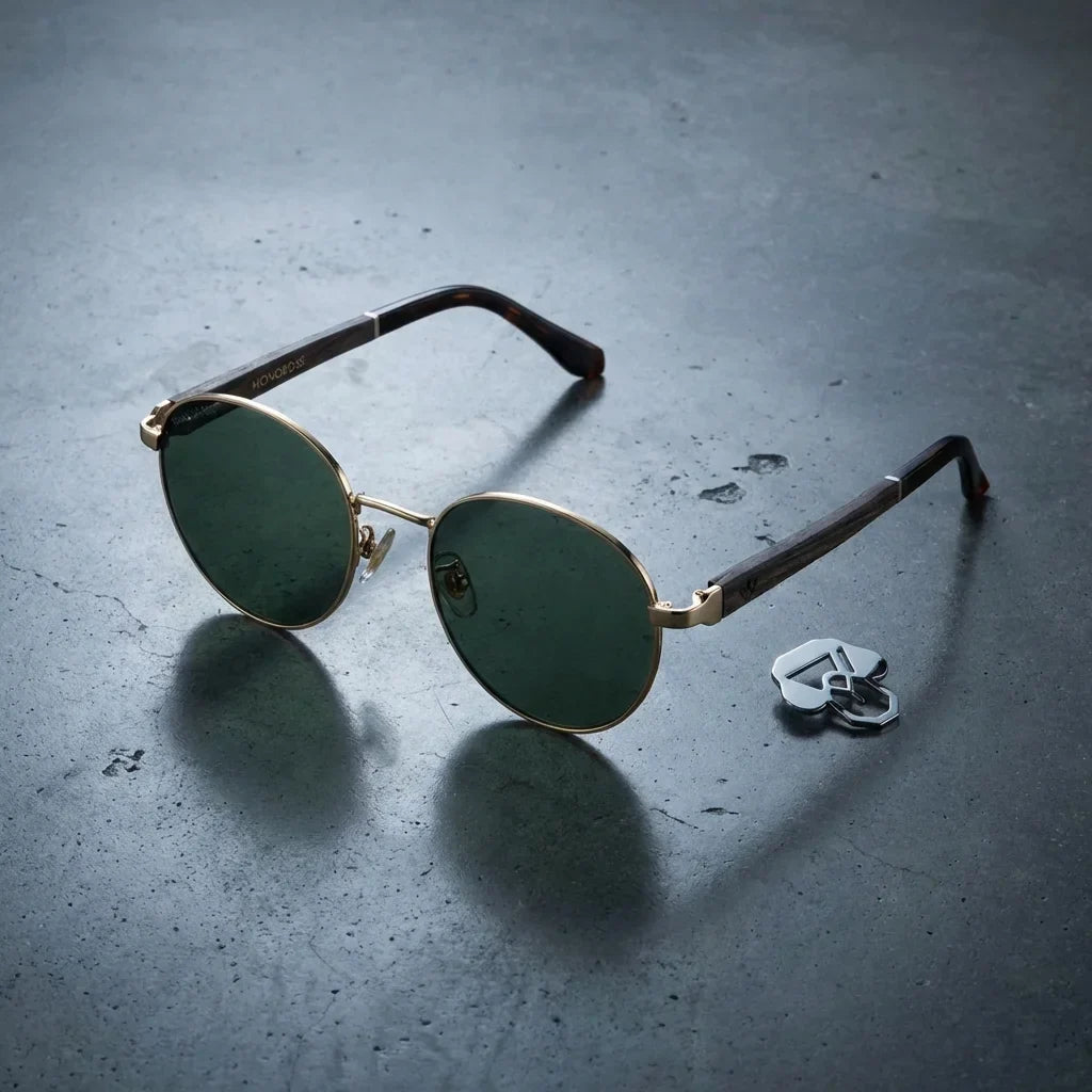 Harry Gold round sunglasses, stainless steel, bio-acetate and natural wood · ReFramed, photo 18 of 24
