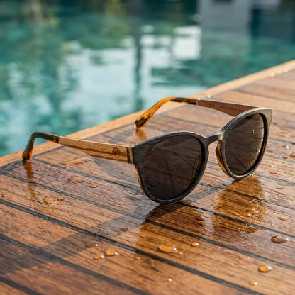 Chiloé 110 Wood round polarized sunglasses in bio-acetate and natural wood · ReFramed, photo 27 of 30