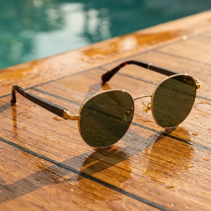 Harry Gold round sunglasses, stainless steel, bio-acetate and natural wood · ReFramed, photo 19 of 24