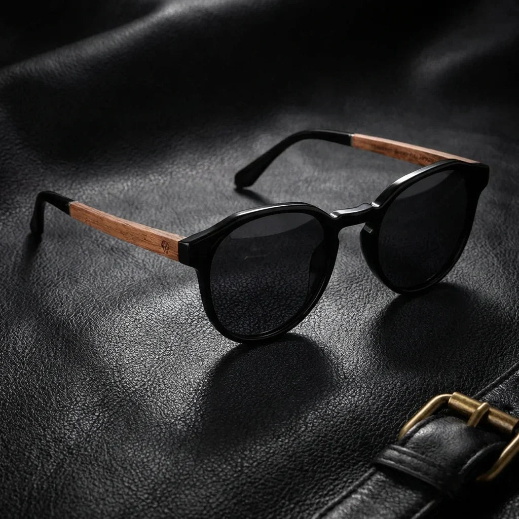 Galápagos geometric polarized sunglasses in bio-acetate and natural wood · ReFramed, photo 13 of 30