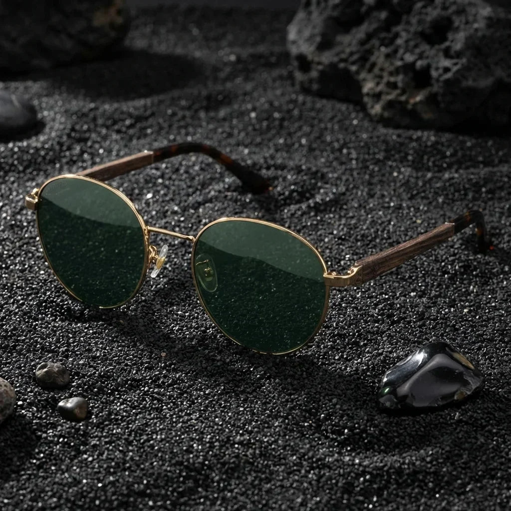 Harry Gold round sunglasses, stainless steel, bio-acetate and natural wood · ReFramed, photo 20 of 24