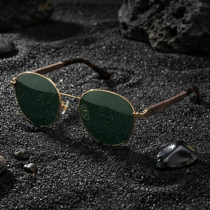 Harry Gold round sunglasses, stainless steel, bio-acetate and natural wood · ReFramed, photo 20 of 24