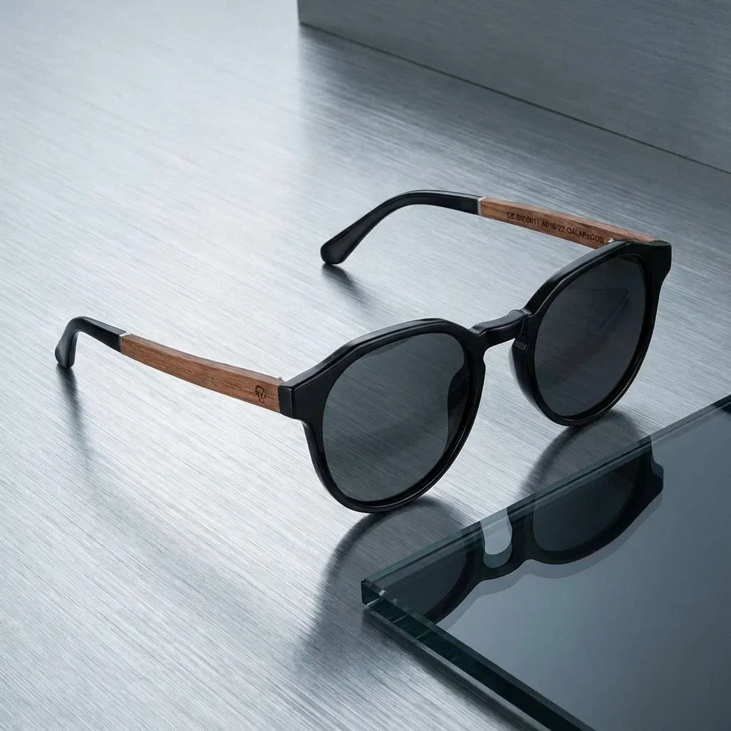Galápagos geometric polarized sunglasses in bio-acetate and natural wood · ReFramed, photo 14 of 30