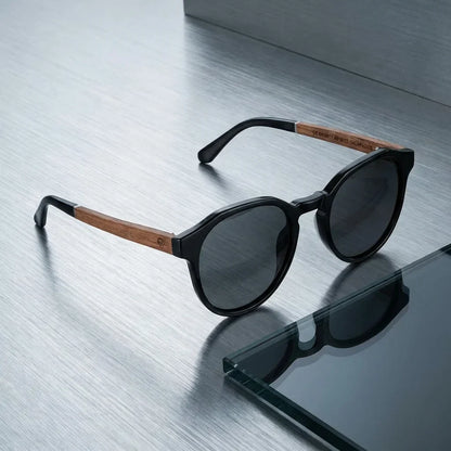 Galápagos geometric polarized sunglasses in bio-acetate and natural wood · ReFramed, photo 14 of 30