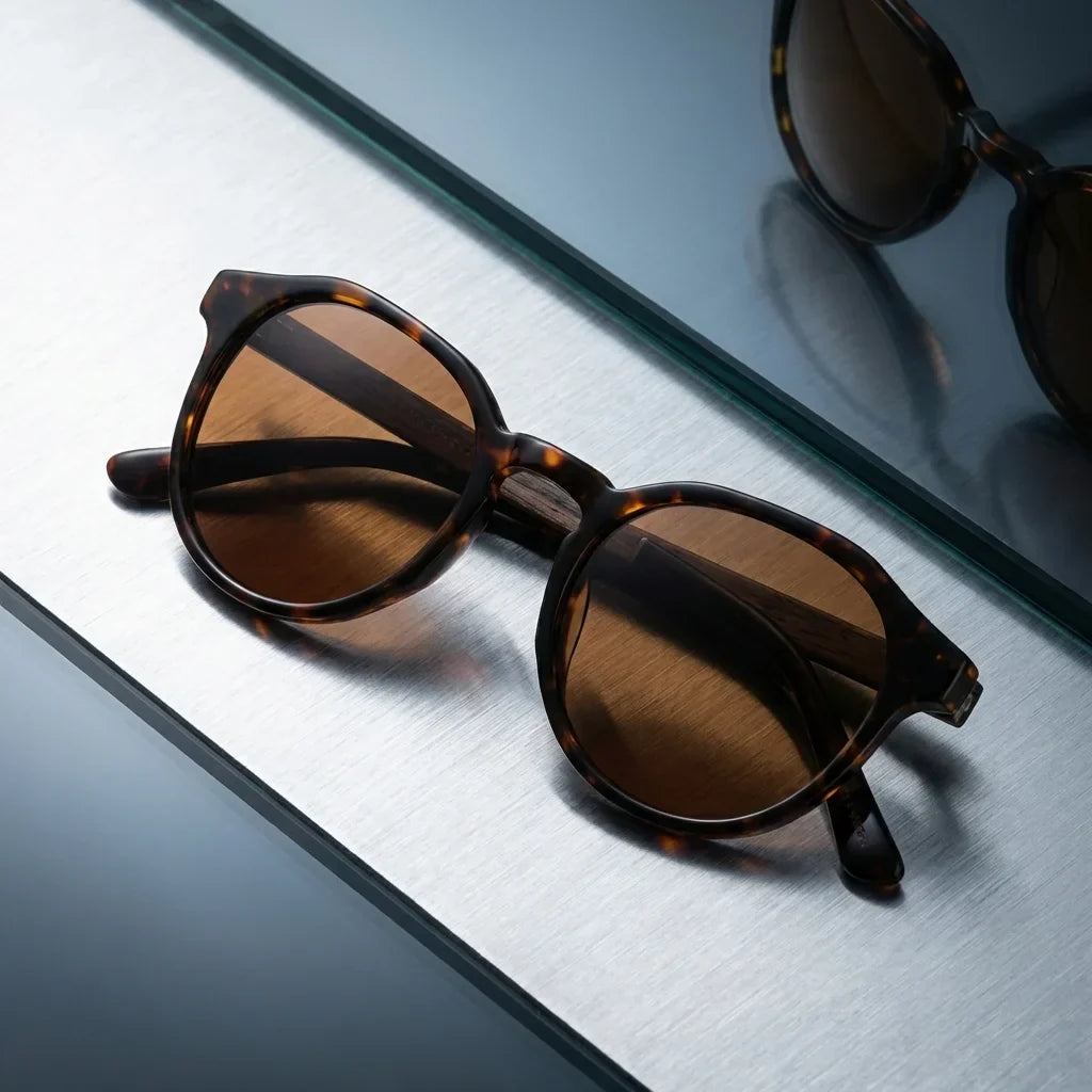 Galápagos geometric polarized sunglasses in bio-acetate and natural wood · ReFramed, photo 21 of 30