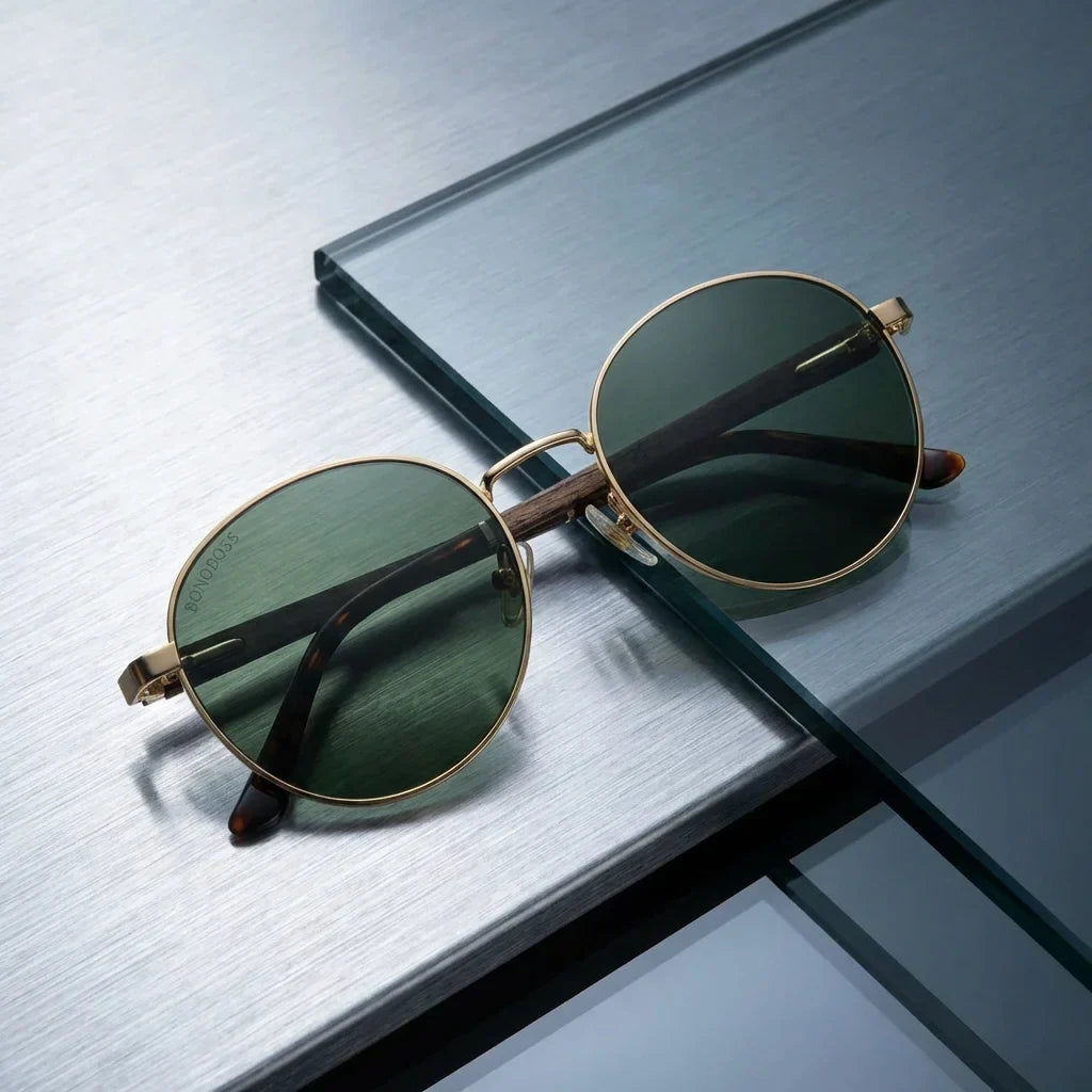 Harry Gold round sunglasses, stainless steel, bio-acetate and natural wood · ReFramed, photo 21 of 24