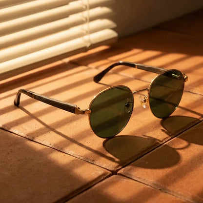 Harry Gold round sunglasses, stainless steel, bio-acetate and natural wood · ReFramed, photo 22 of 24