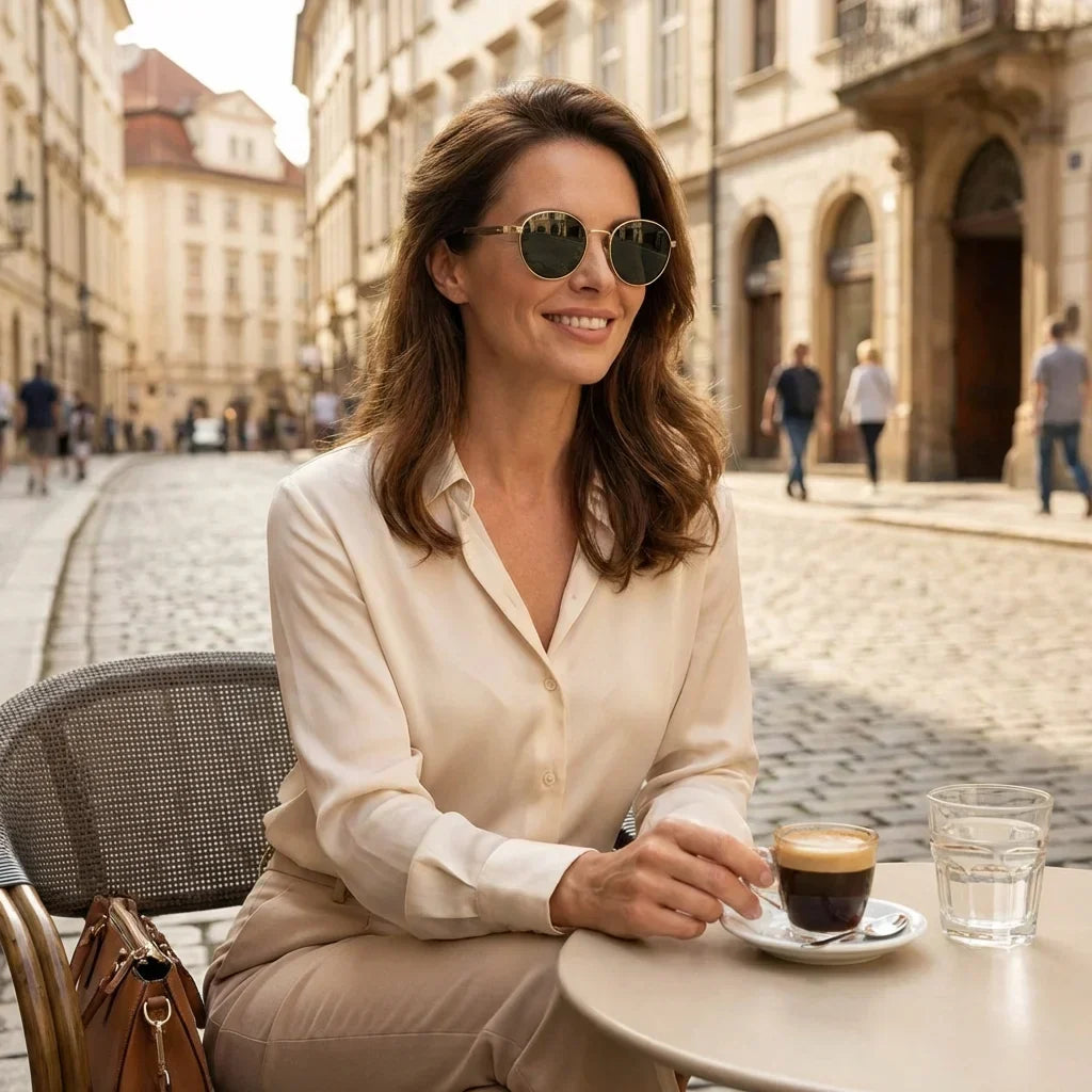 Harry Gold round sunglasses, stainless steel, bio-acetate and natural wood · ReFramed, photo 11 of 24
