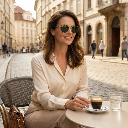 Harry Gold round sunglasses, stainless steel, bio-acetate and natural wood · ReFramed, photo 11 of 24