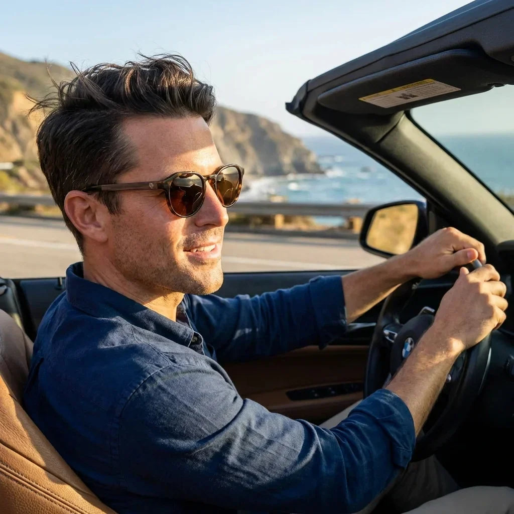 Galápagos geometric polarized sunglasses in bio-acetate and natural wood · ReFramed, photo 18 of 30