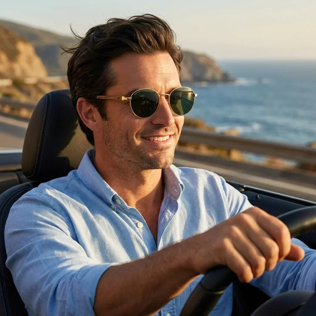Harry Gold round sunglasses, stainless steel, bio-acetate and natural wood · ReFramed, photo 15 of 24
