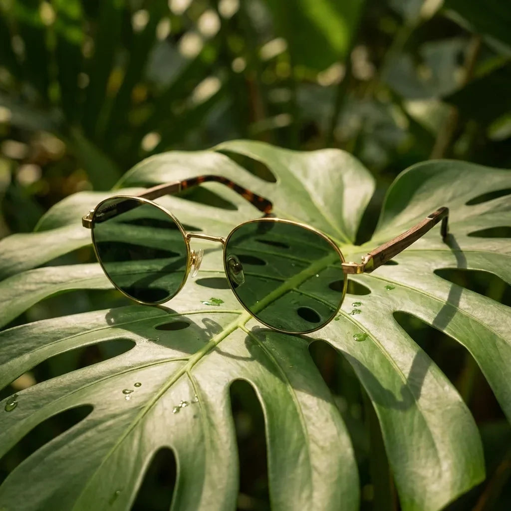 Harry Gold round sunglasses, stainless steel, bio-acetate and natural wood · ReFramed, photo 14 of 24