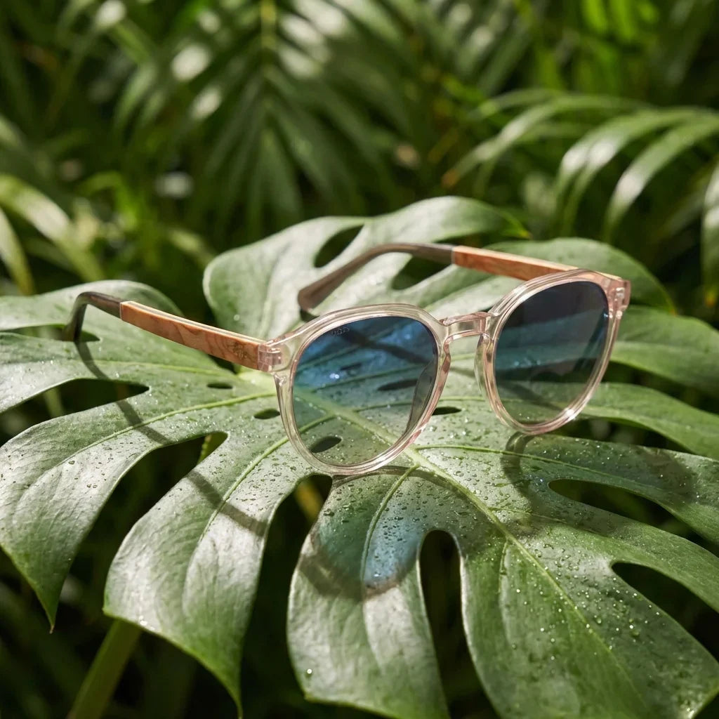 Galápagos geometric polarized sunglasses in bio-acetate and natural wood · ReFramed, photo 24 of 30