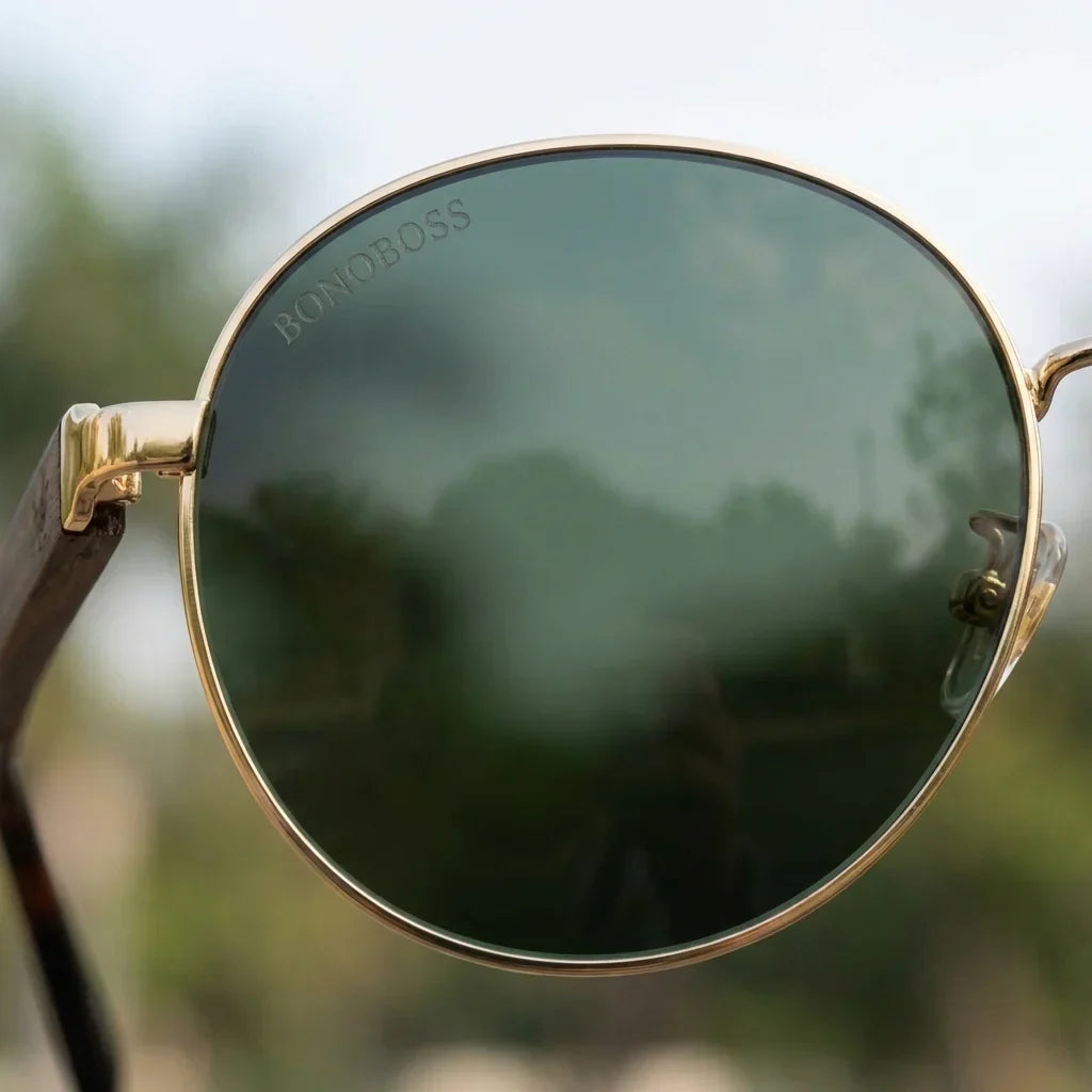 Harry Gold round sunglasses, stainless steel, bio-acetate and natural wood · ReFramed, photo 10 of 24