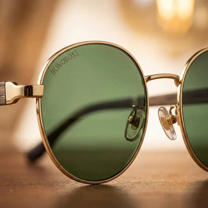 Harry Gold round sunglasses, stainless steel, bio-acetate and natural wood · ReFramed, photo 13 of 24