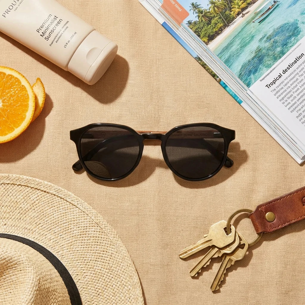 Galápagos geometric polarized sunglasses in bio-acetate and natural wood · ReFramed, photo 16 of 30
