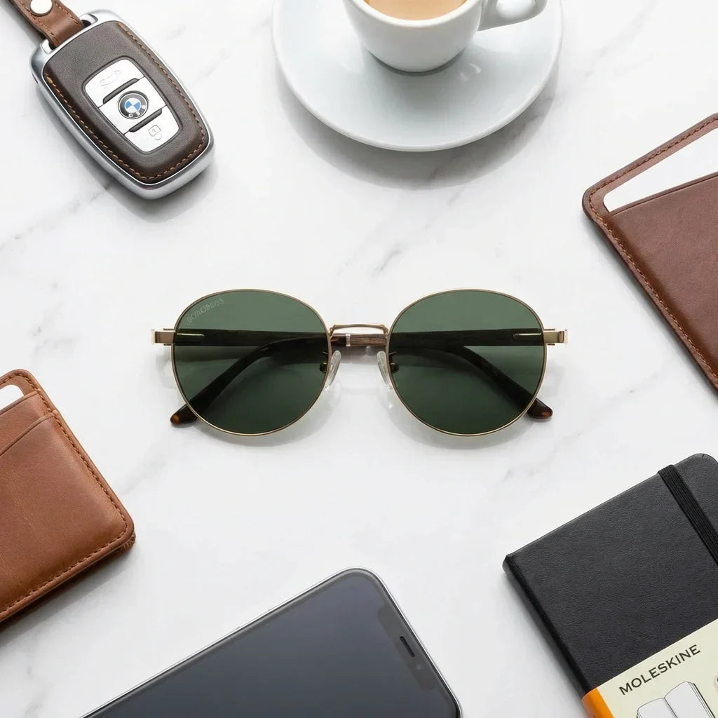 Harry Gold round sunglasses, stainless steel, bio-acetate and natural wood · ReFramed, photo 16 of 24