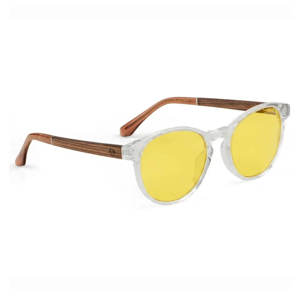 Chiloé 220 round UV400 sunglasses, clear bio-acetate with wood temples · ReFramed, photo 12 of 22