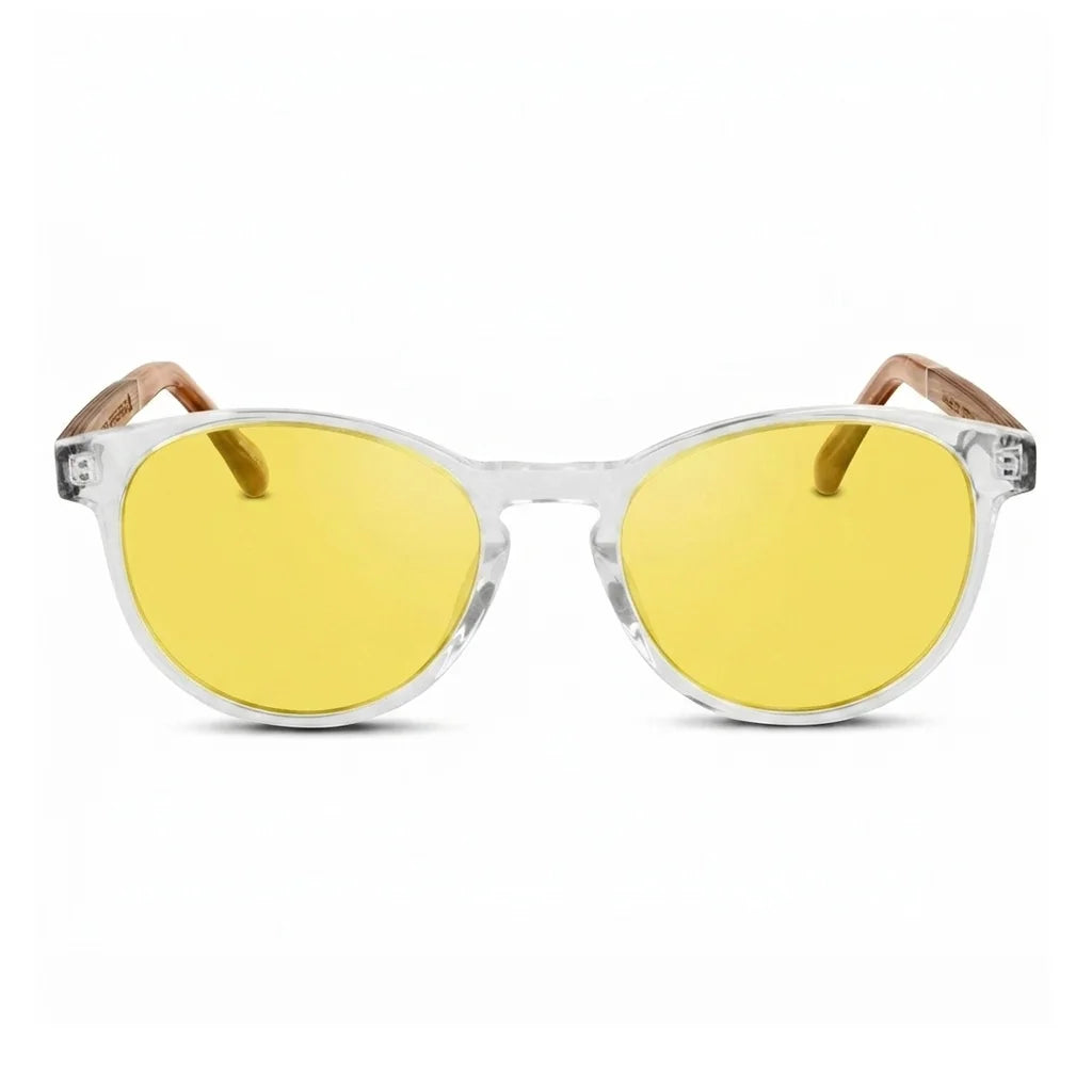 Chiloé 220 round UV400 sunglasses, clear bio-acetate with wood temples · ReFramed, photo 11 of 22