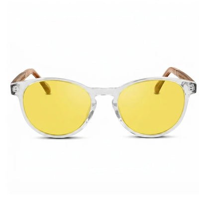 Chiloé 220 round UV400 sunglasses, clear bio-acetate with wood temples · ReFramed, photo 11 of 22