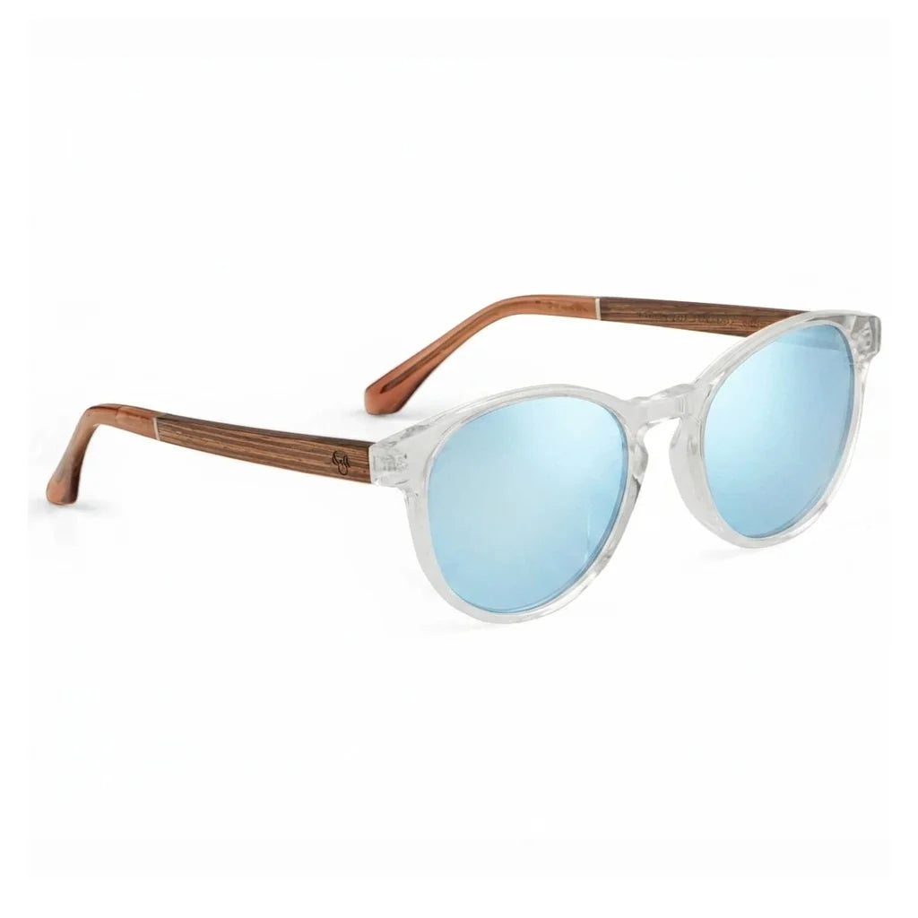 Chiloé 220 round UV400 sunglasses, clear bio-acetate with wood temples · ReFramed, photo 16 of 22