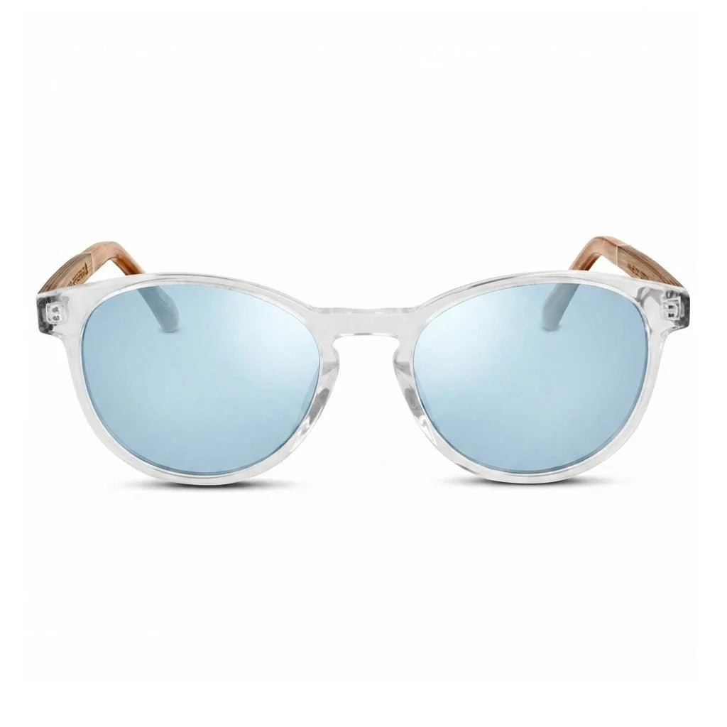 Chiloé 220 round UV400 sunglasses, clear bio-acetate with wood temples · ReFramed, photo 15 of 22
