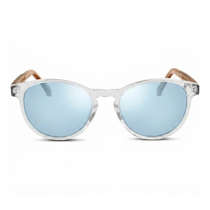 Chiloé 220 round UV400 sunglasses, clear bio-acetate with wood temples · ReFramed, photo 15 of 22