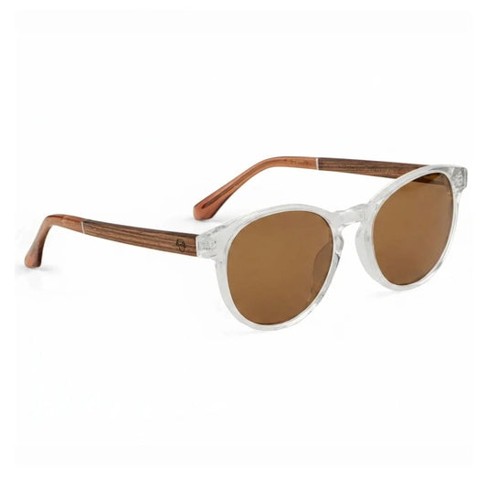 Chiloé 220 round UV400 sunglasses, clear bio-acetate with wood temples · ReFramed, photo 1 of 22