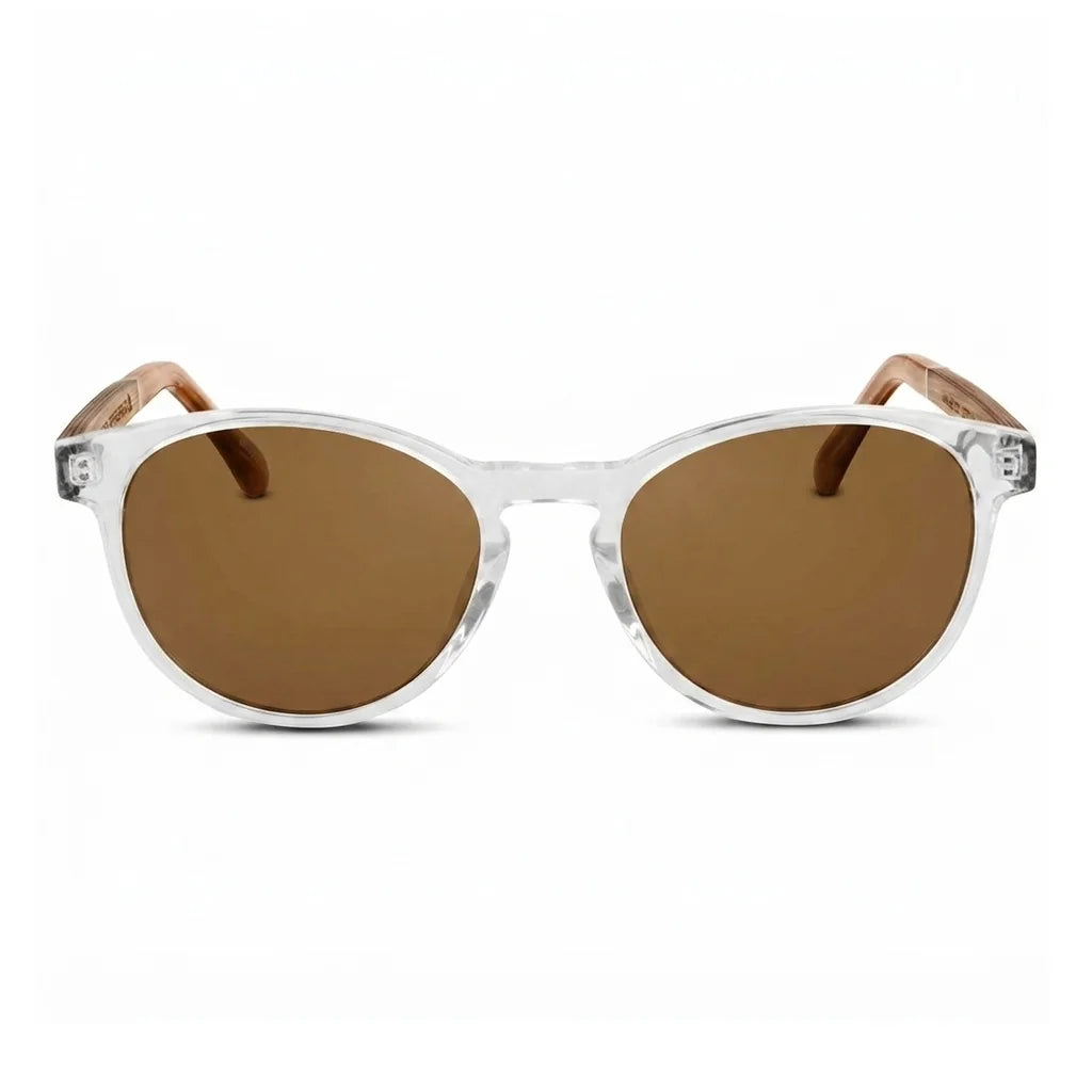 Chiloé 220 round UV400 sunglasses, clear bio-acetate with wood temples · ReFramed, photo 2 of 22