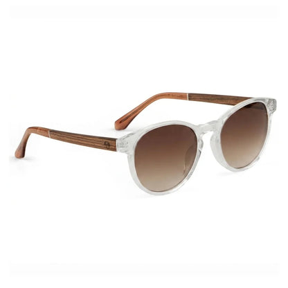 Chiloé 220 round UV400 sunglasses, clear bio-acetate with wood temples · ReFramed, photo 6 of 22