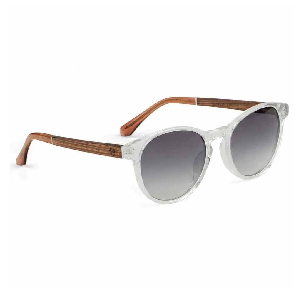 Chiloé 220 round UV400 sunglasses, clear bio-acetate with wood temples · ReFramed, photo 10 of 22