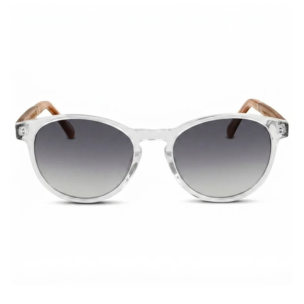 Chiloé 220 round UV400 sunglasses, clear bio-acetate with wood temples · ReFramed, photo 9 of 22