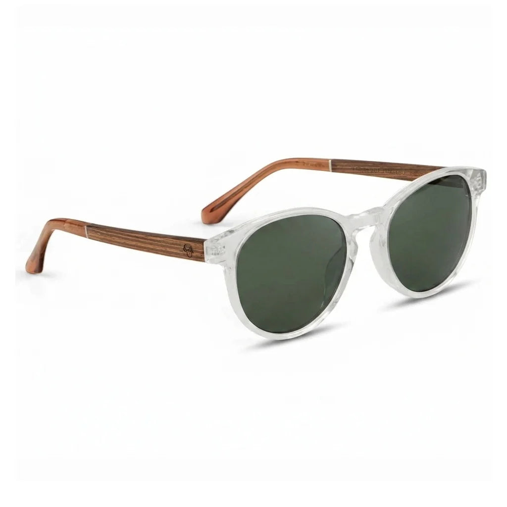 Chiloé 220 round UV400 sunglasses, clear bio-acetate with wood temples · ReFramed, photo 4 of 22