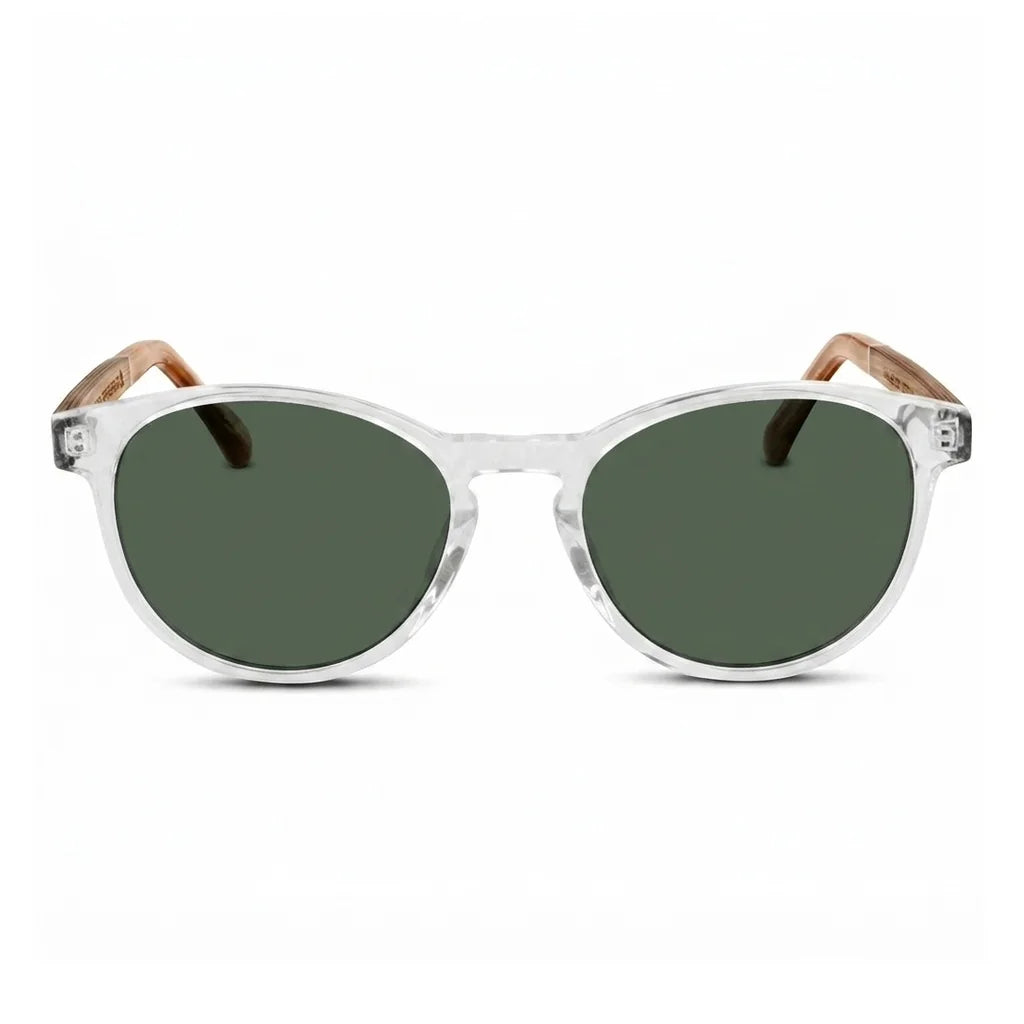 Chiloé 220 round UV400 sunglasses, clear bio-acetate with wood temples · ReFramed, photo 3 of 22