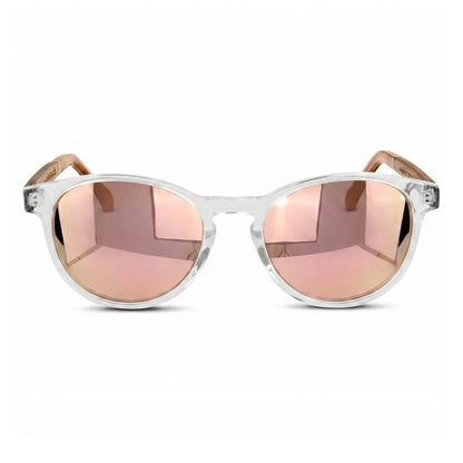 Chiloé 220 round UV400 sunglasses, clear bio-acetate with wood temples · ReFramed, photo 21 of 22
