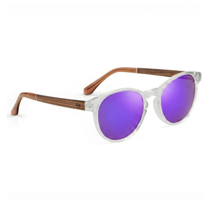 Chiloé 220 round UV400 sunglasses, clear bio-acetate with wood temples · ReFramed, photo 20 of 22