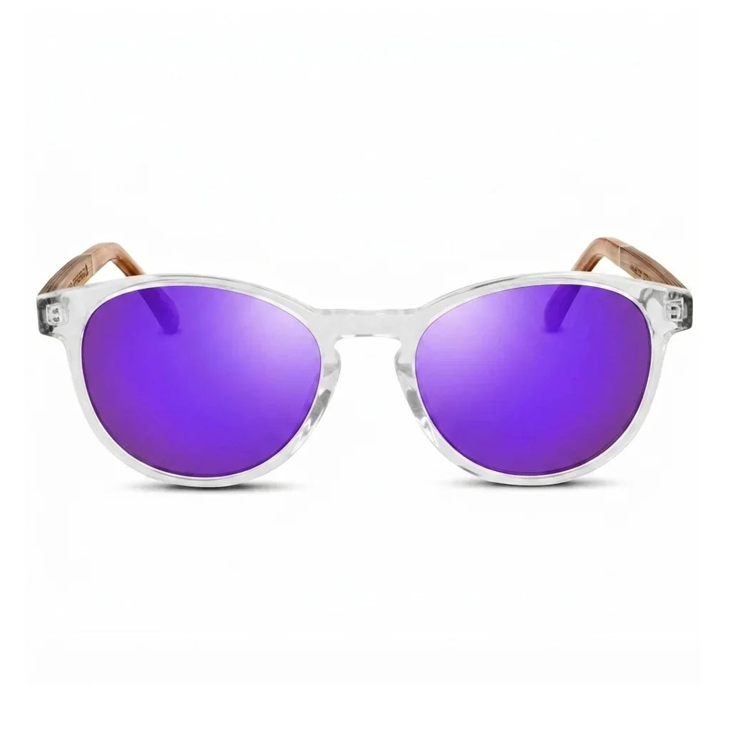 Chiloé 220 round UV400 sunglasses, clear bio-acetate with wood temples · ReFramed, photo 19 of 22