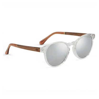 Chiloé 220 round UV400 sunglasses, clear bio-acetate with wood temples · ReFramed, photo 18 of 22