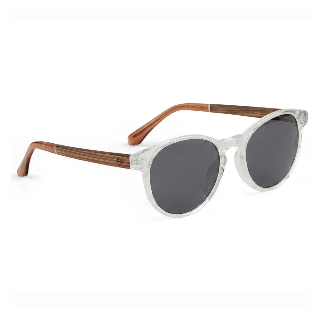 Chiloé 220 round UV400 sunglasses, clear bio-acetate with wood temples · ReFramed, photo 8 of 22