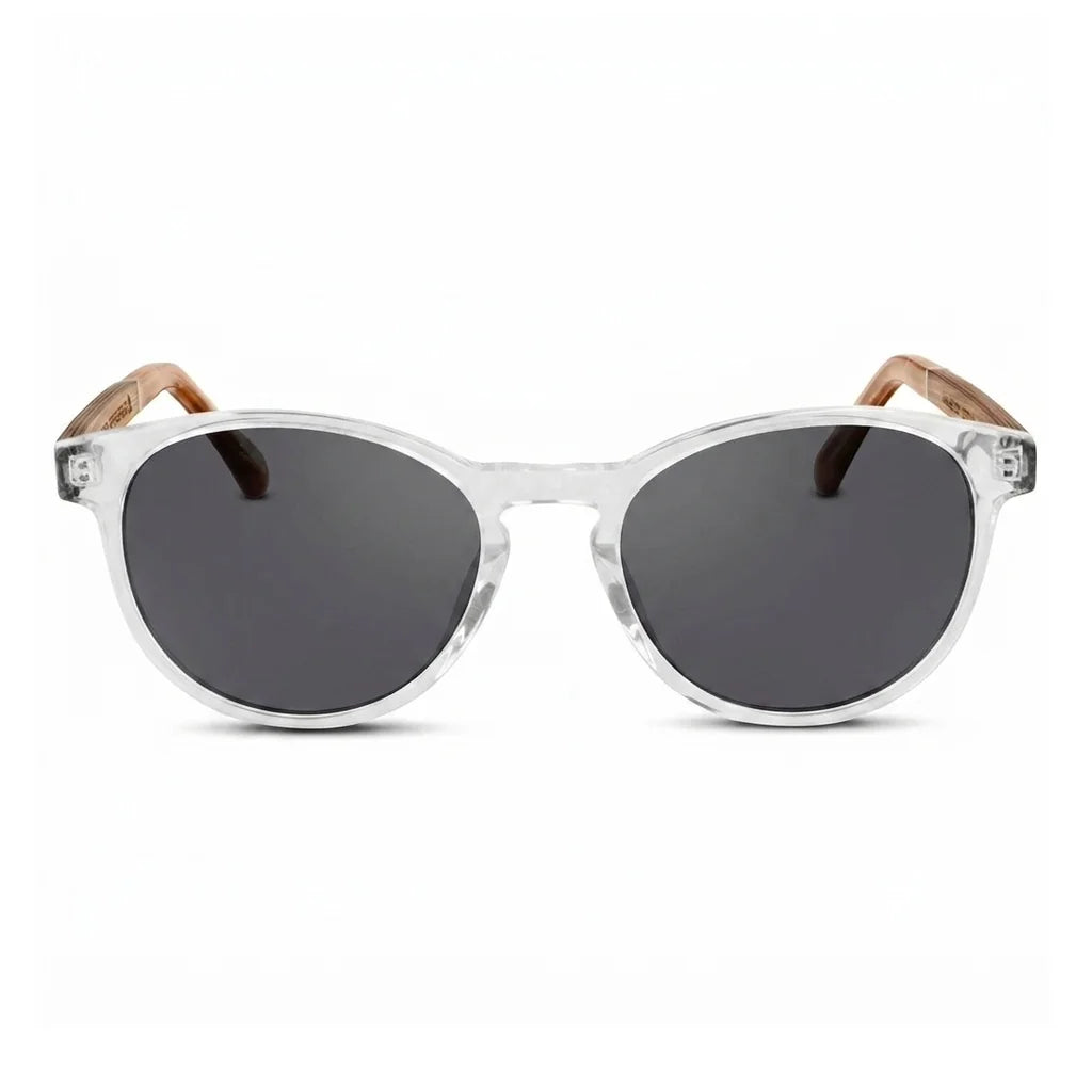 Chiloé 220 round UV400 sunglasses, clear bio-acetate with wood temples · ReFramed, photo 7 of 22