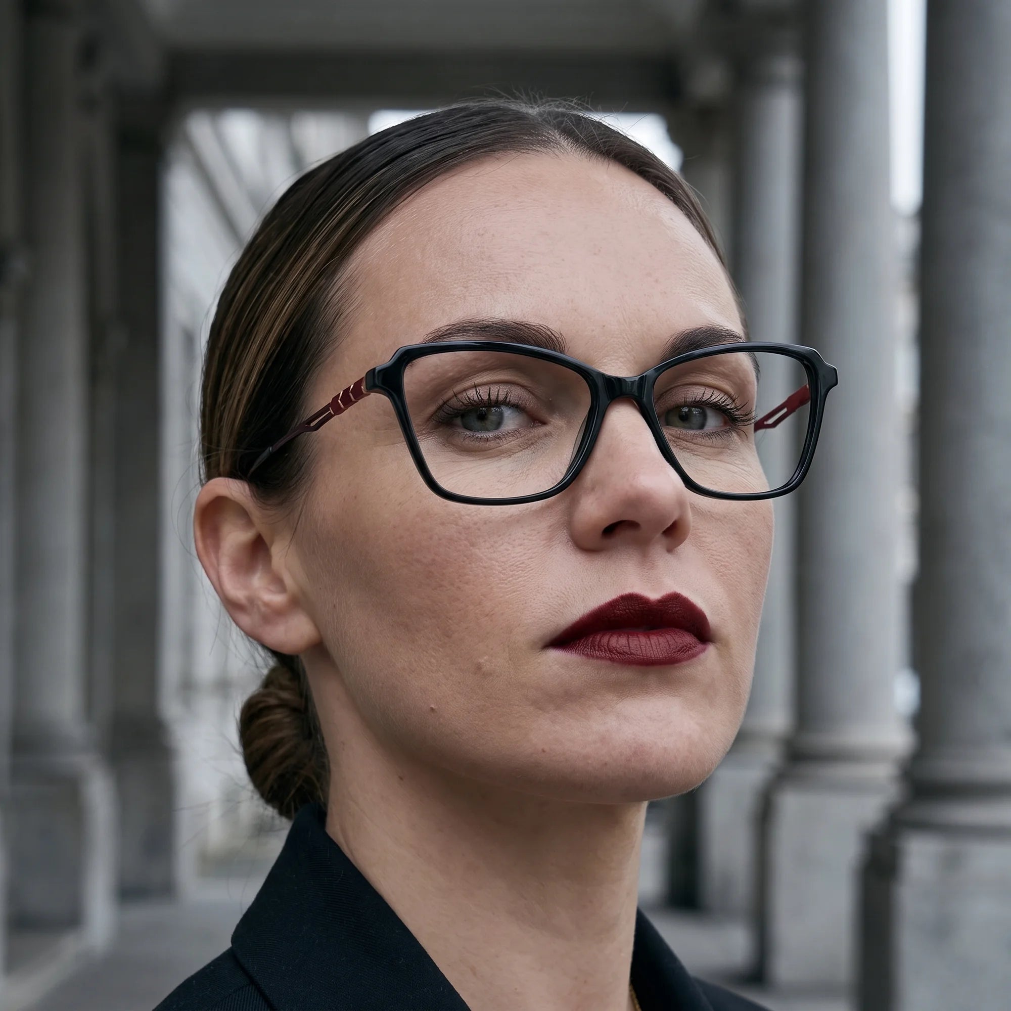 Fiore 1006 eyeglasses in black, worn by a model – campaign portrait, moody autumn portrait between stone columns
