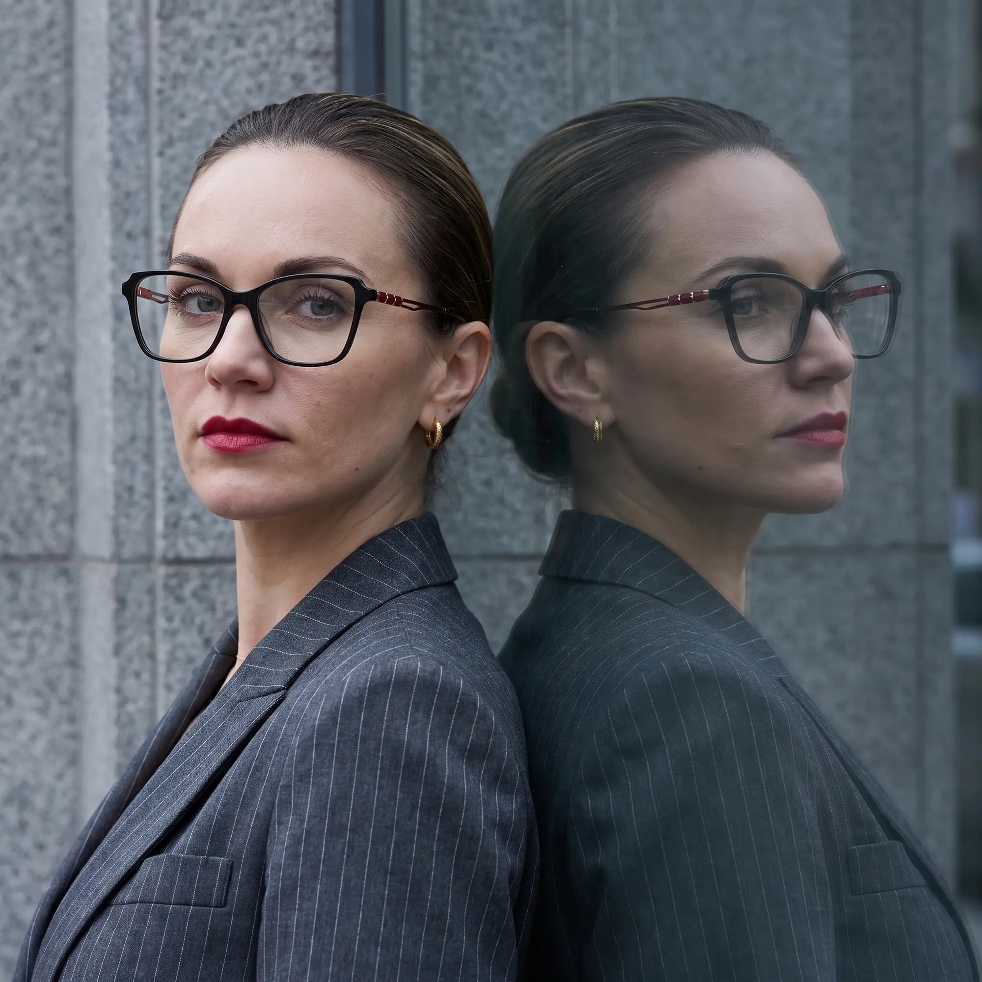 Fiore 1006 eyeglasses in black, worn by a model – campaign portrait, overcast-city autumn street style
