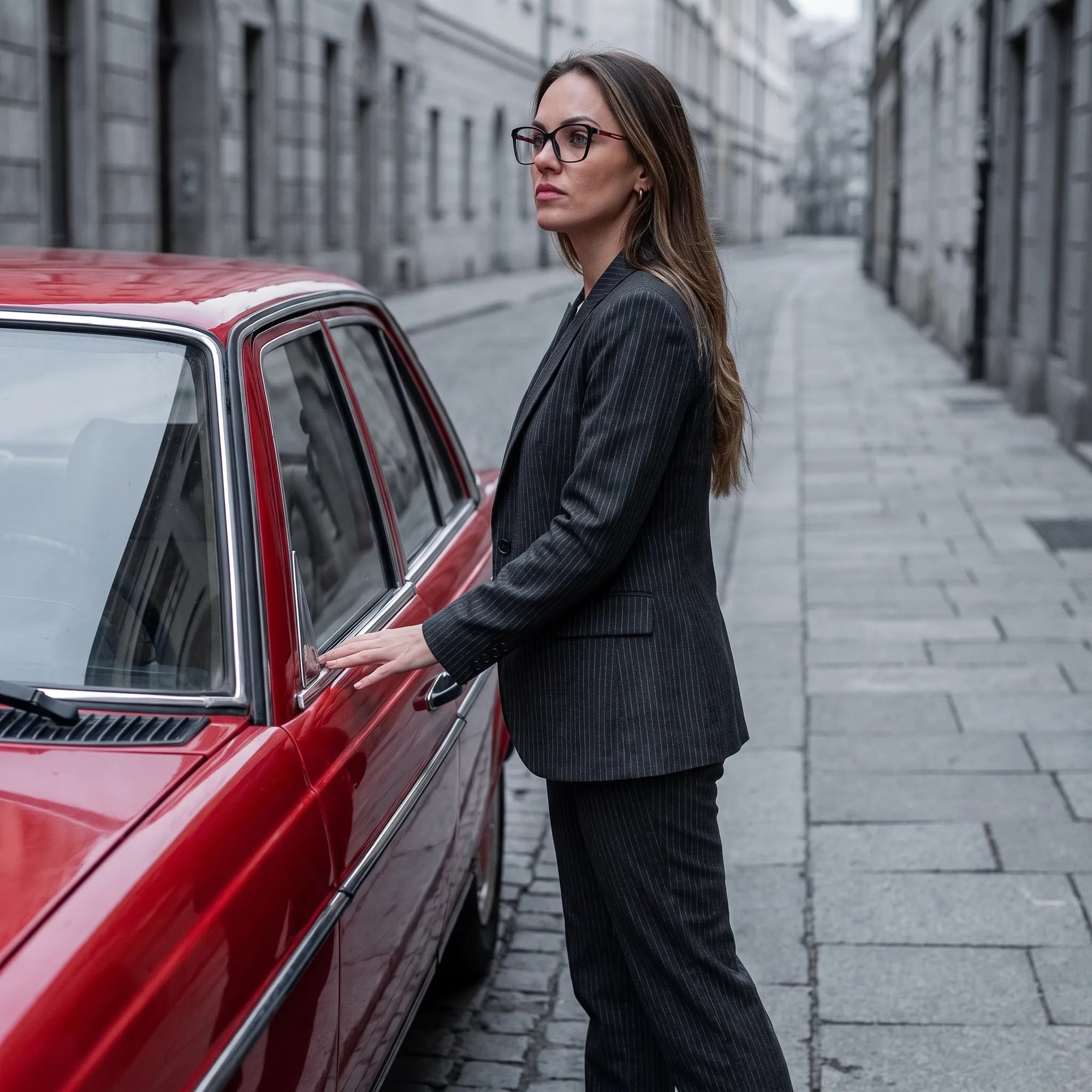 Fiore 1006 eyeglasses in black, worn by a model – campaign portrait, pinstripe suit beside a classic red car