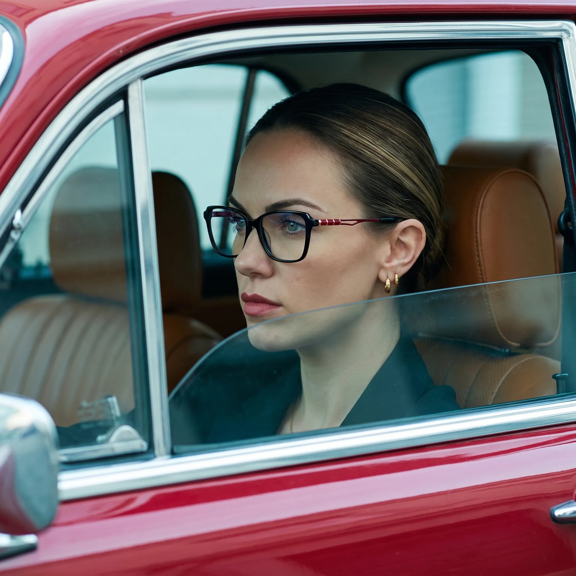 Fiore 1006 eyeglasses in black, worn by a model – campaign portrait, gaze through a classic red car window