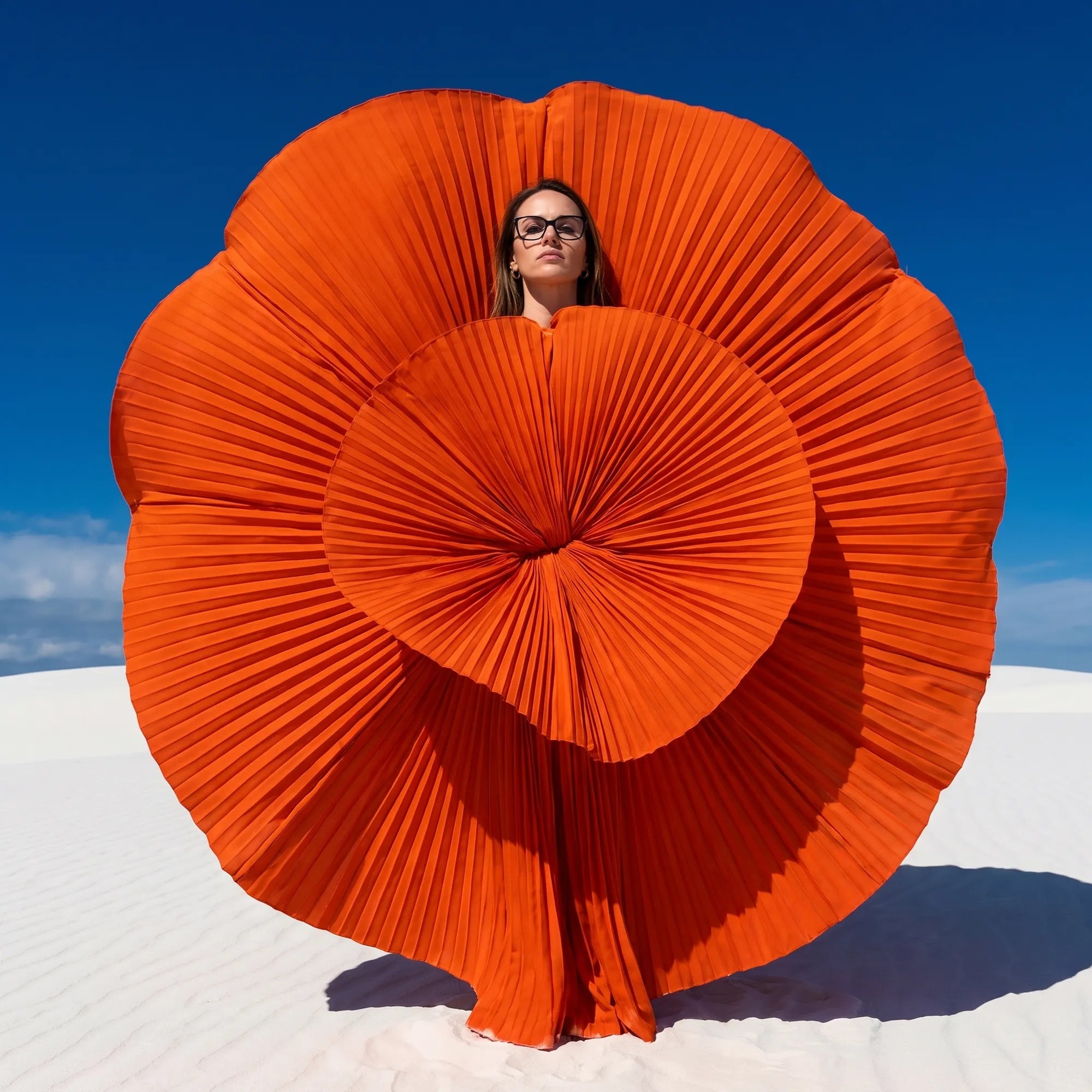 Fiore 1006 eyeglasses in black, worn by a model – campaign portrait, sculptural orange pleated fan on white dunes